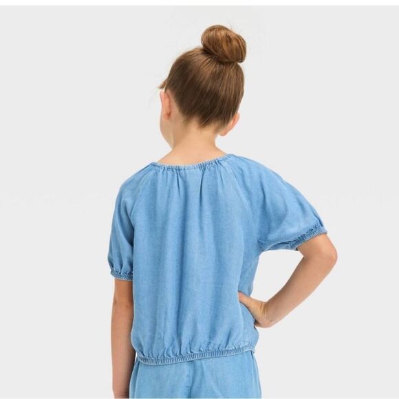 NWT Cat & Jack Size XL (14) Blue Short Sleeve Light Wash Chambray Woven Top - Picture 6 of 6